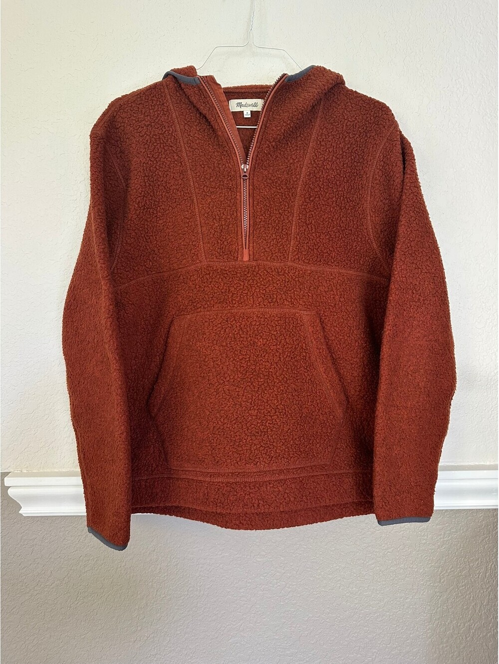 Madewell Womens M Sherpa Fleece Half Zip Hoodie Pullover Rust Brown Anorak